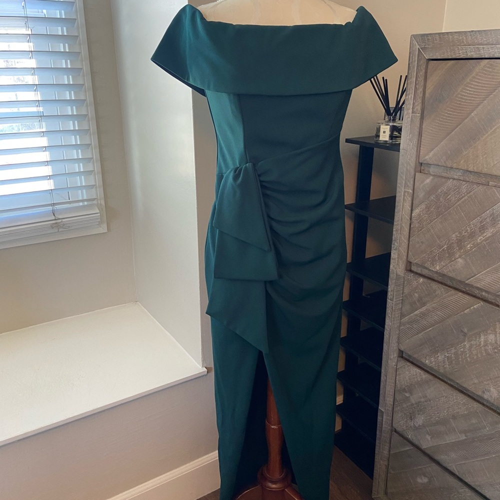 XSCAPE Formal Off-Shoulder Hunter Green Draped Midi Dress